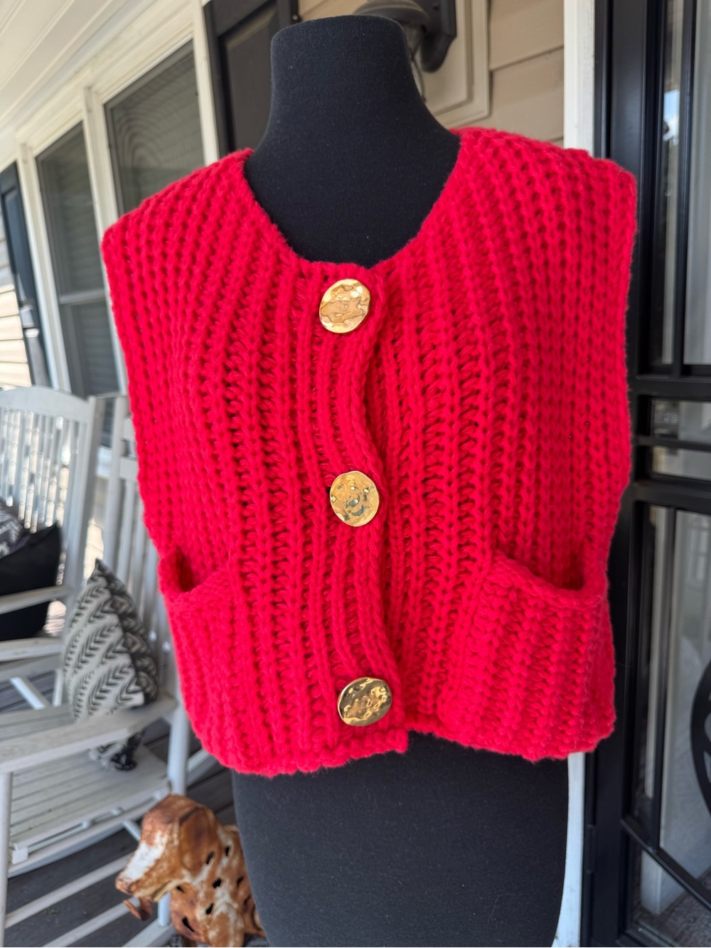 Sunday Up Red Chunky Knit Button-Front Vest with Gold Buttons